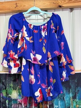 Pink Lily Royal Blue Floral Off-Shoulder Romper